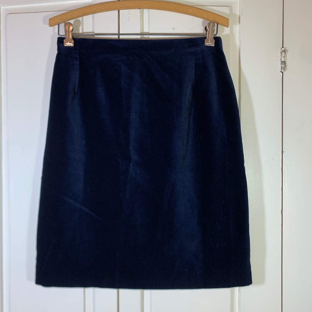 Laura Ashley Vintage Navy Blue Velvet Pencil Skirt Made in Great Britain Size 10